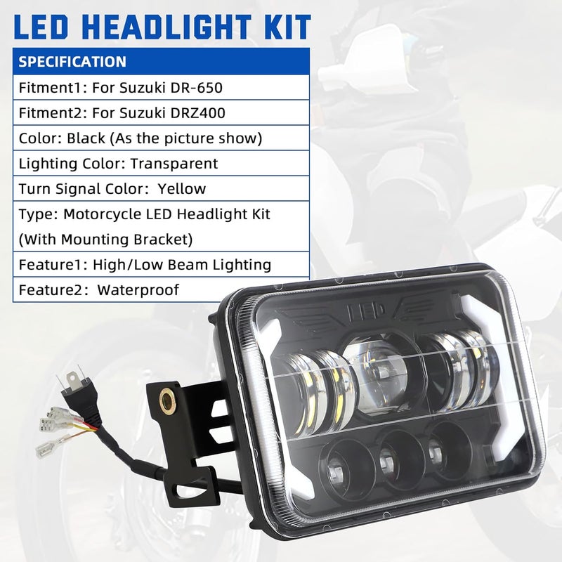 WIKIBB 4x6 LED Headlights Kit with Bracket Compatible with Suzuki DR-650 & DRZ400, Motorcycle Brightness Headlight Replacement With Mounting Hardware High & Low Beam - Image 4